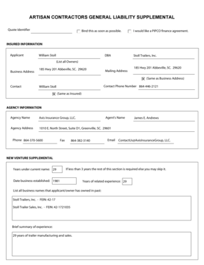 Artisan Contractors General Liability Supplemental