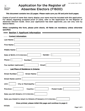 Ontario Absentee Electors Application Form