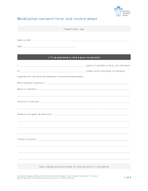 Medication Consent Form and Record Sheet