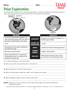 Arctic vs. Antarctica Comparison Worksheet