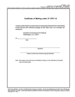 Certificate of Mailing for Patent and Trademark Office
