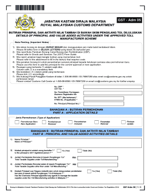 Malaysia GST Toll Manufacturer Scheme Form