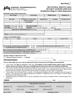 Kaiser Permanente ID Badge and Vehicle Registration Form