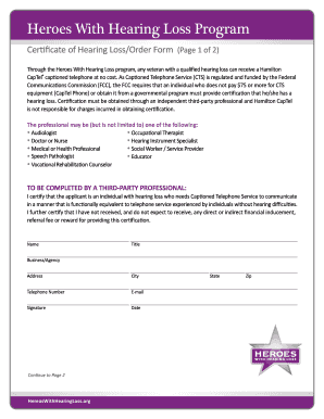 Heroes With Hearing Loss Program Certificate of Hearing Loss