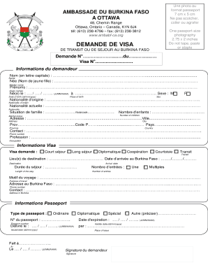 Formulaire de demande de visa pour le Burkina Faso