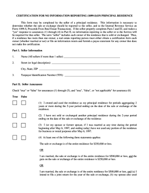 Certification for No Information Reporting (1099-S) on Principal Residence