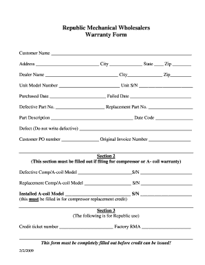 Republic Mechanical Wholesalers Warranty Form