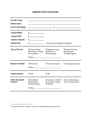 Healthcare Arbitration Summary Form