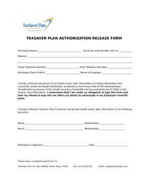 TaxSaver Plan Authorization Release Form