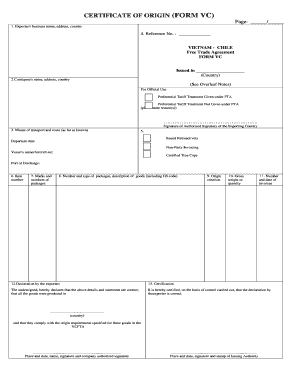 Vietnam Chile Free Trade Agreement Certificate of Origin