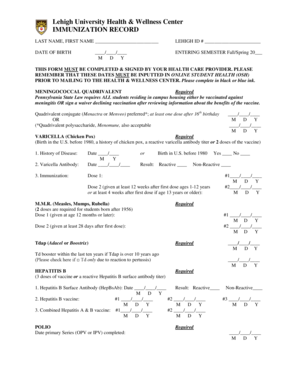 Lehigh University Immunization Record Form