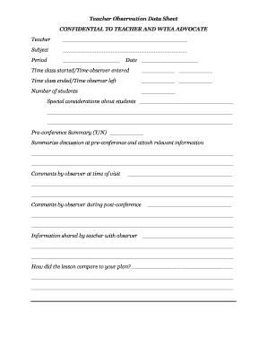 Teacher Observation Data Sheet CONFIDENTIAL TO TEACHER