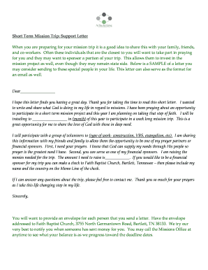 Mission Trip Support Letter