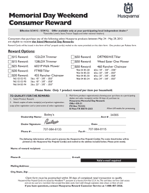 Husqvarna Memorial Day Reward Claim Form