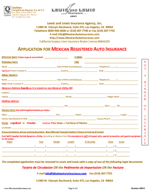 Application for Mexican Registered Auto Insurance