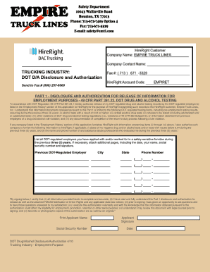 DOT Drug and Alcohol Disclosure Authorization