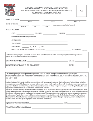 Michigan Youth Soccer League Player Registration Form