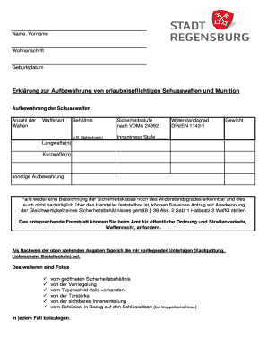 Erklärung zur Aufbewahrung von erlaubnispflichtigen Schusswaffen und Munition