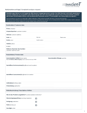 RMA Complaint Analysis Request Form