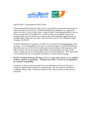 Unaccompanied Minor Special Needs Form
