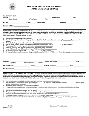 Orleans Parish School Board Home Language Survey