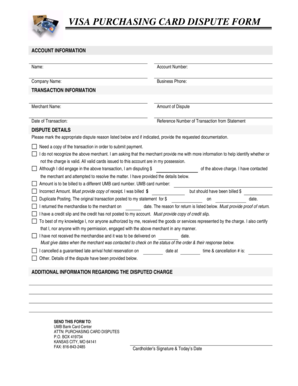 Visa Purchasing Card Dispute Form