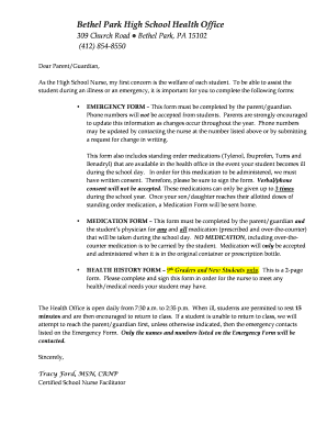 Bethel Park High School Health Office Emergency Form