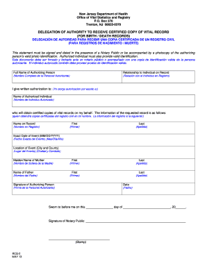 New Jersey Vital Record Authorization Form