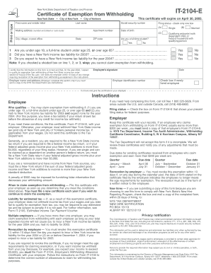 New York State Certificate of Exemption from Withholding IT-2104-E