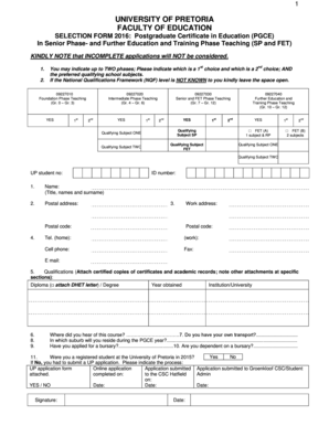 University of Pretoria PGCE Selection Form
