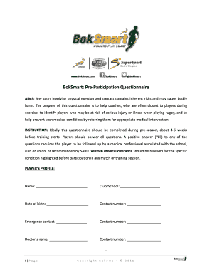 BokSmart Rugby Pre-Participation Questionnaire
