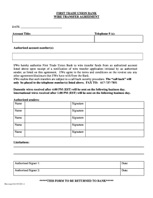 First Trade Union Bank Wire Transfer Agreement