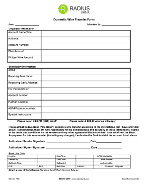 Domestic Wire Transfer Form