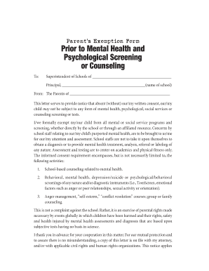 Parent's Exemption Form for Mental Health Screening