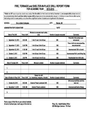 Fire Tornado Shelter Drill Report Form
