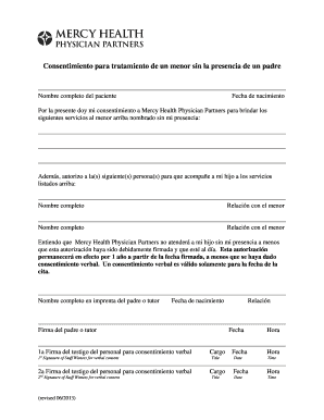 Consentimiento para tratamiento de un menor sin la presencia de un padre