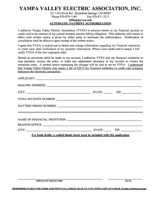 Yampa Valley Electric Automatic Payment Authorization