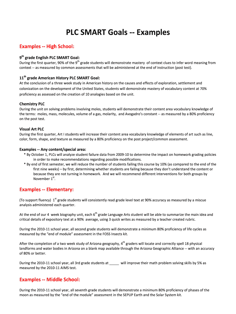 Fillable Online PLC SMART Goals Examples Fax Email Print pdfFiller
