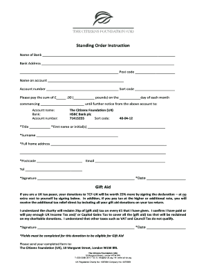 UK Standing Order Instruction for Donations