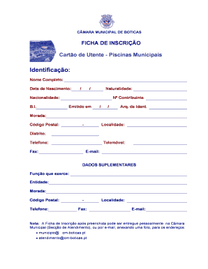 Ficha de Inscrição Cartão de Utente - Piscinas Municipais