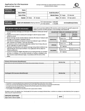 Bismarck Public Schools Life Insurance Application