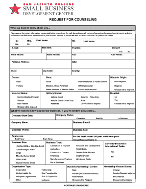 Small Business Development Center Counseling Request Form