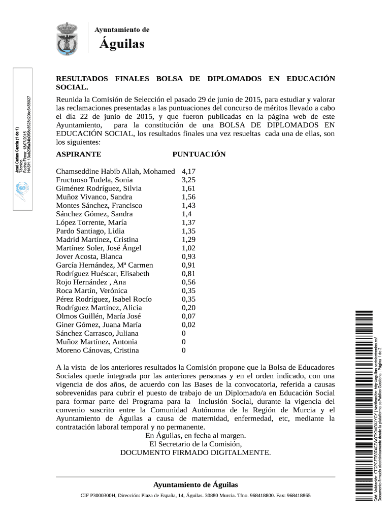 RESULTADOS FINALES BOLSA DE DIPLOMADOS EN Vista previa en la página 1