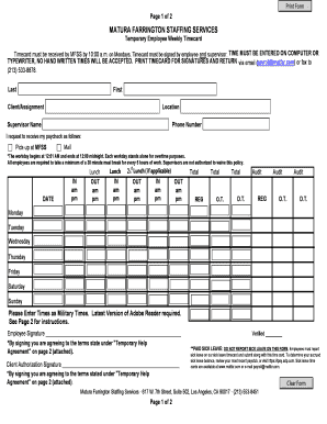 Matura Farrington Staffing Services Temporary Employee Weekly Timecard