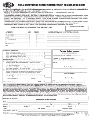 NHRA Competition Number Membership Registration Form