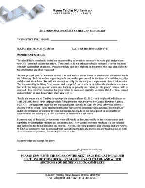 2011 Personal Income Tax Return Checklist