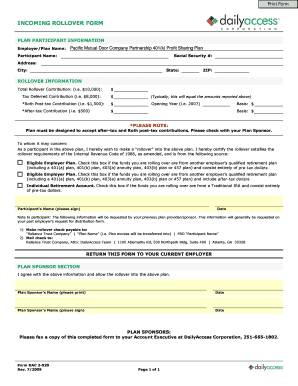 Rollover Form for Retirement Plans