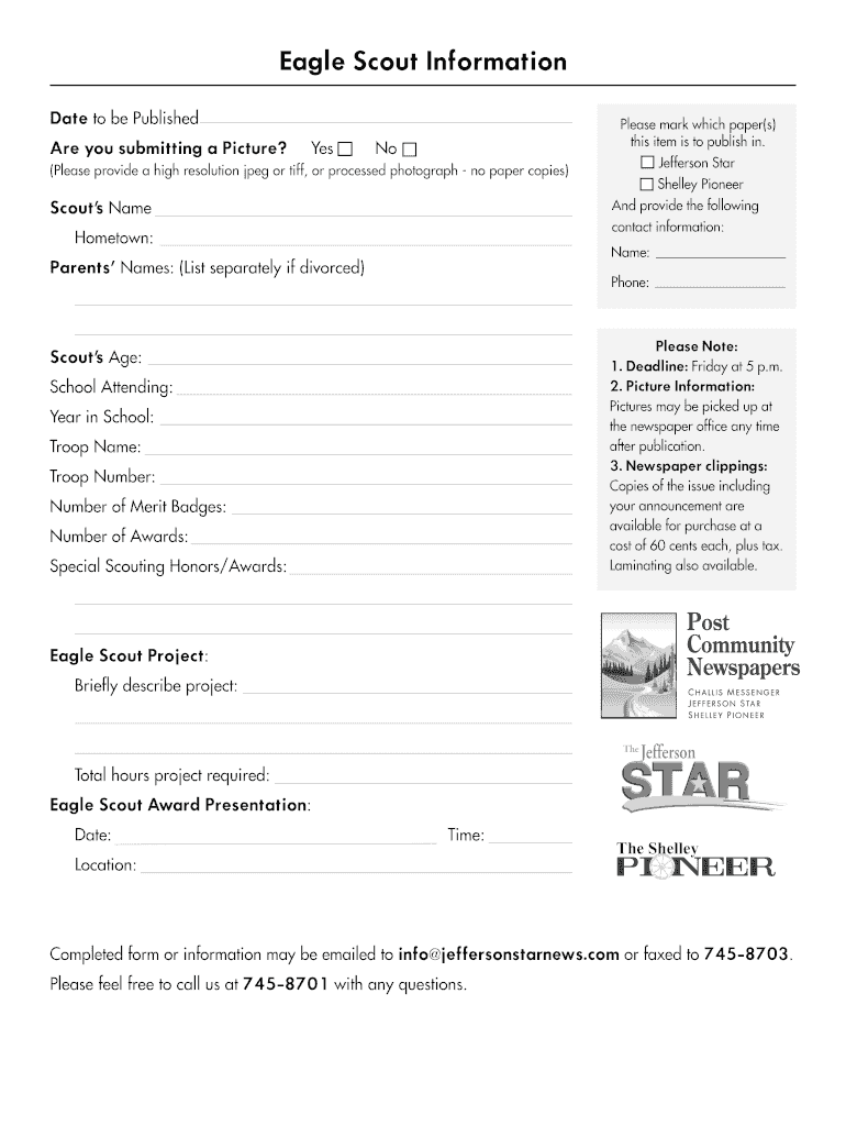 Fillable Online Eagle Scout Announcement The Jefferson Star Fax Email