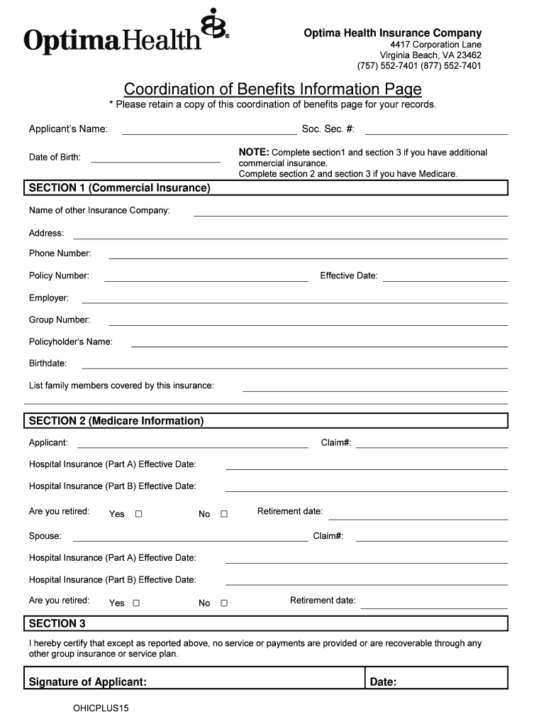 Fillable Online Optima Health Insurance Company Optima Plus Enrollment