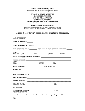 Wyoming State Archives Transcript Request